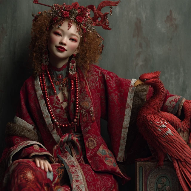 Young Woman in Red Hanfu Costume 3D Render