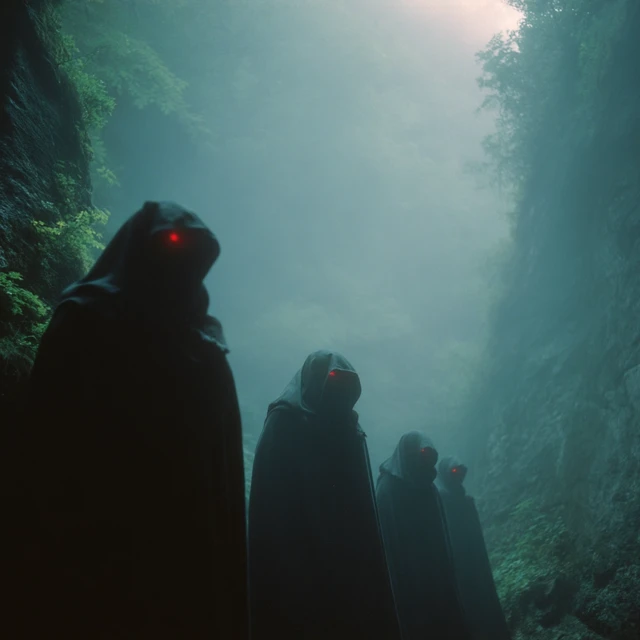 Eerie Silhouettes in Cloaks Red Eyes Canyon