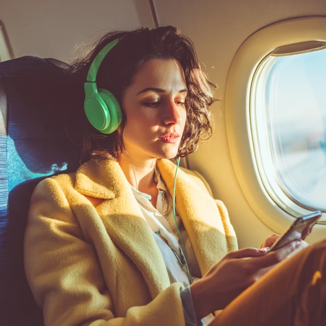 Woman on Airplane Listening to Music