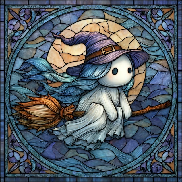 Cute Ghost Witch Stained Glass Art