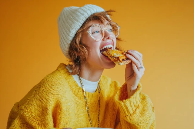 Joyful Woman Eating Toast Lifestyle Editorial