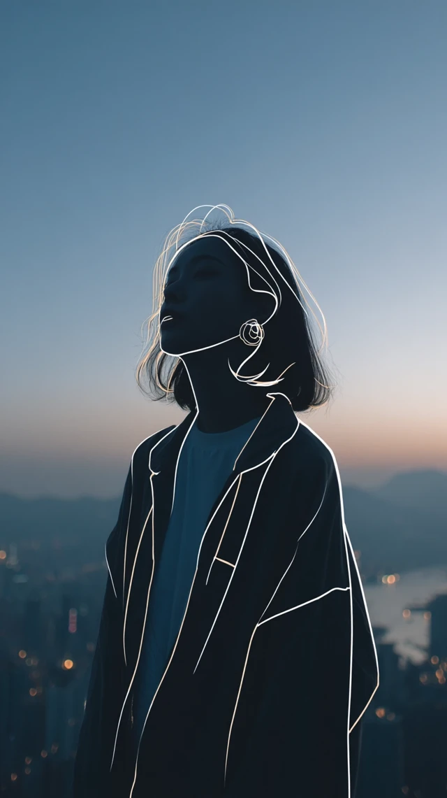 Outline Portrait of a Woman in City Landscape