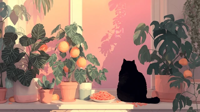 Cozy Cat Scene with Plants and Treats
