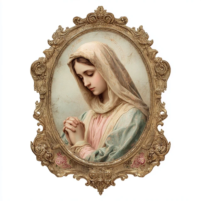 Blessed Mary Vintage Art Portrait in Gold Frame