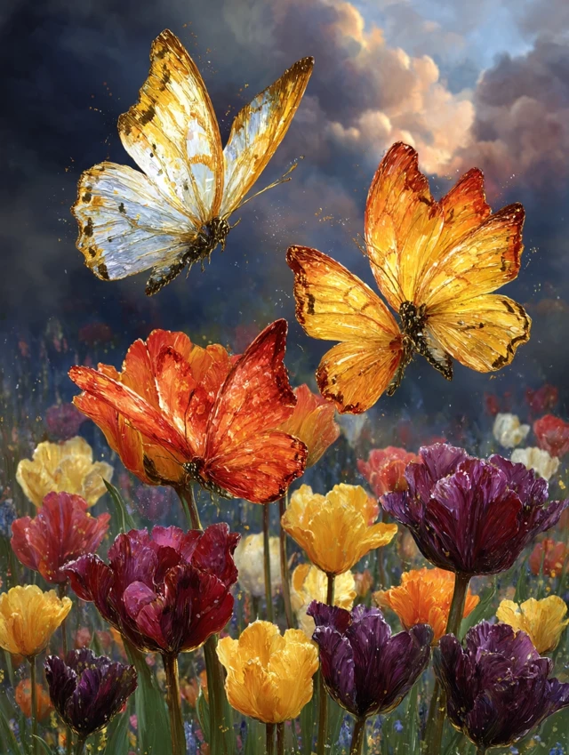 Butterflies and Tulips Watercolor Painting