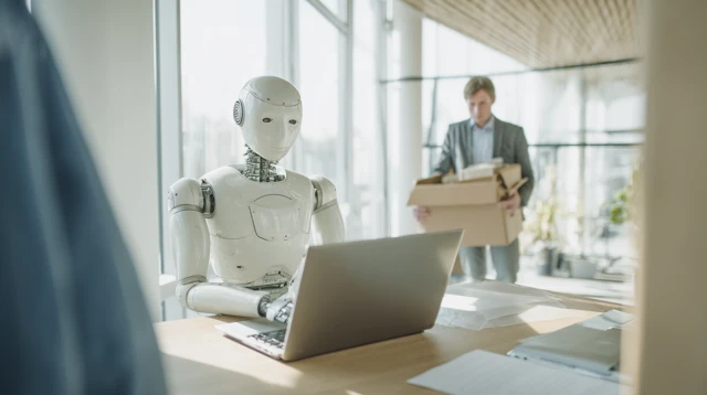 Robot and Fired Employee Modern Office Scene