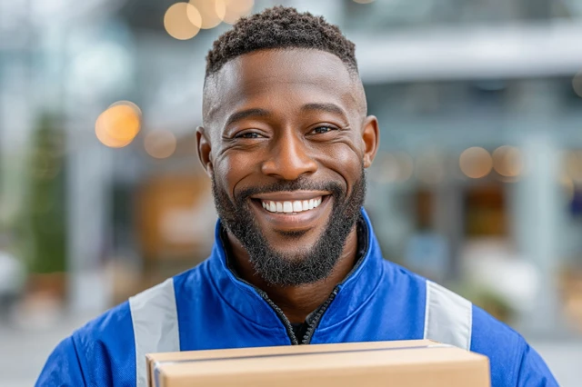 Cheerful Bike Courier with Delivery Box