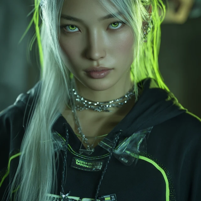 Cyberpunk Asian Girl Neon Eyes and Glitchcore