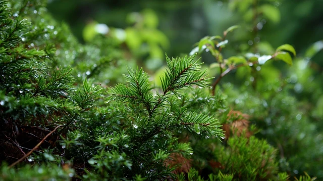 European Forest Shrubs After the Rain Closeup