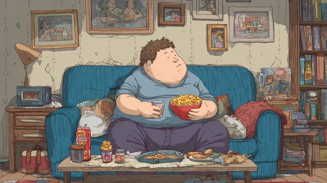 Cartoon of an Overweight Person Eating Junk Food on a Couch