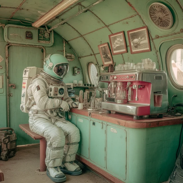 Astronaut Barista in a Retro Spaceship Coffee Shop