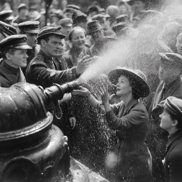 Vintage Fire Brigade Spraying Crowd Photo