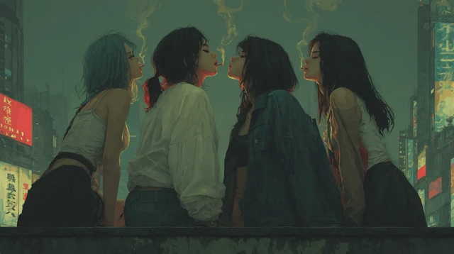 Anime Girls City Rooftop Smoke Art