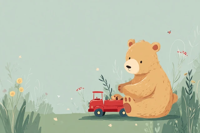 Cute Bear Cub Playing with Toy Truck Illustration