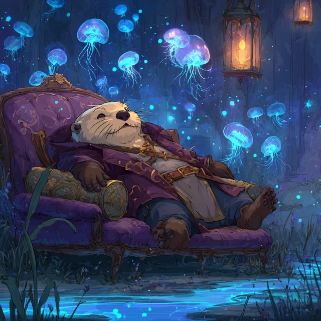 Anime Otter Mage Relaxing in a Dreamlike Scene