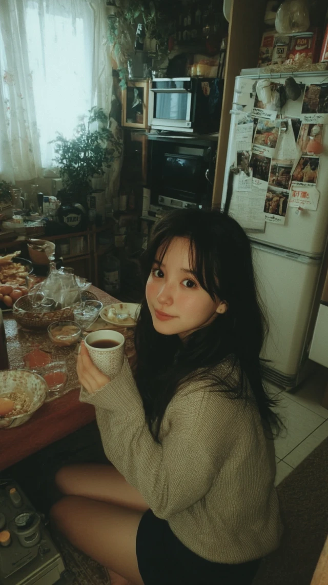 Young Woman with Coffee: Grainy, Asian, Cozy Scene