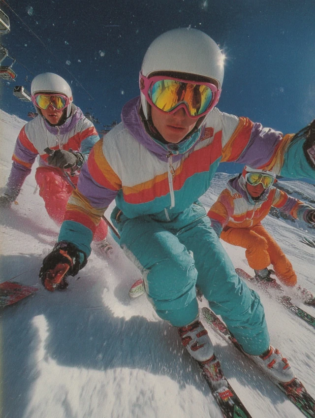 Retro 90s Ski Fashion Ad Vibrant Colors and Bold Designs