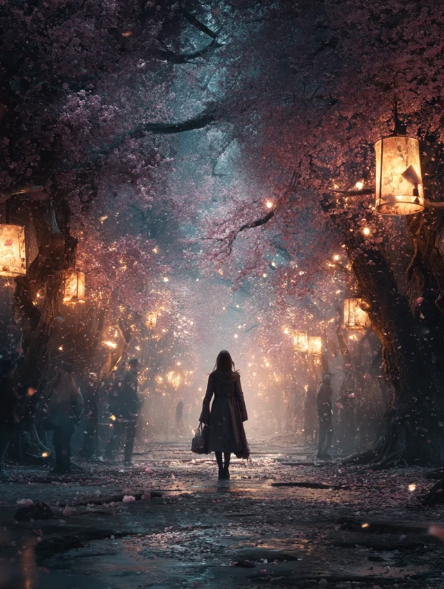 Magical Japanese Night Scene Cherry Blossom Tunnel