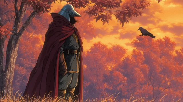 Retro Anime Knight in Winter with Bird