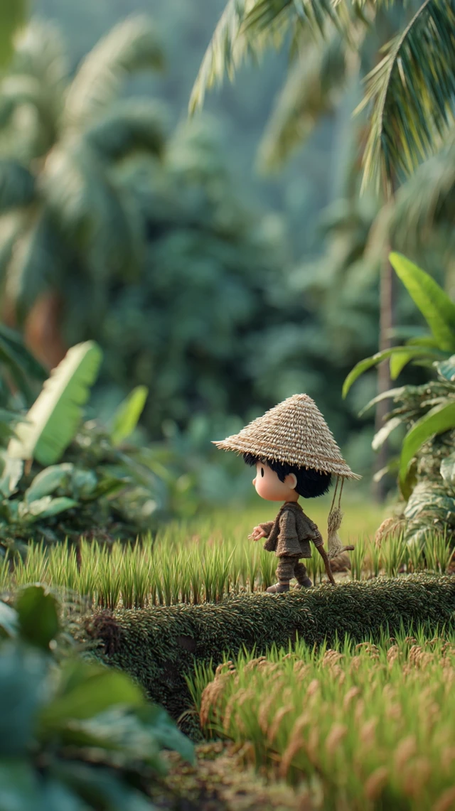 Pixar Style Chibi Farmer in Rice Field 3D Illustration