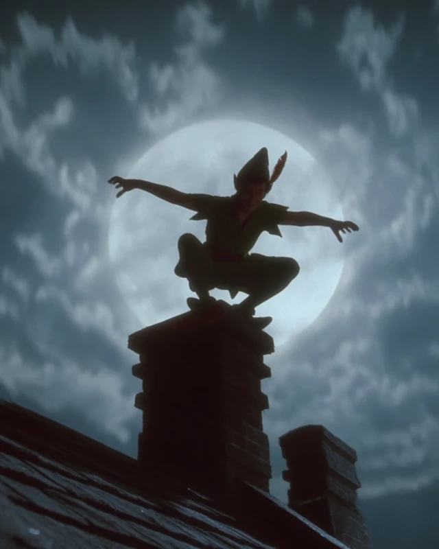 Peter Pan 90s Film Scene on Chimney Moonlit Night