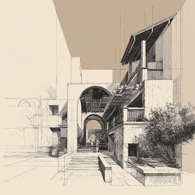 Architectural Perspective Drawing with Shadows and Textures