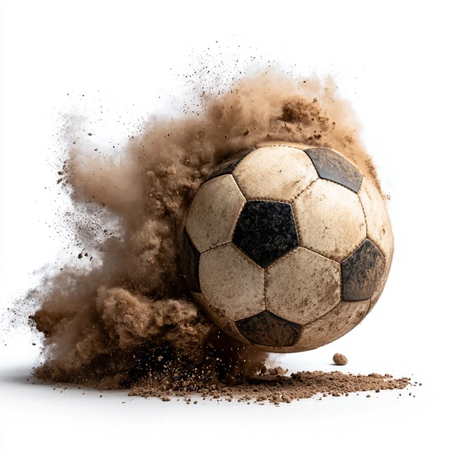 Soccer Ball Smashing Through Dust on White