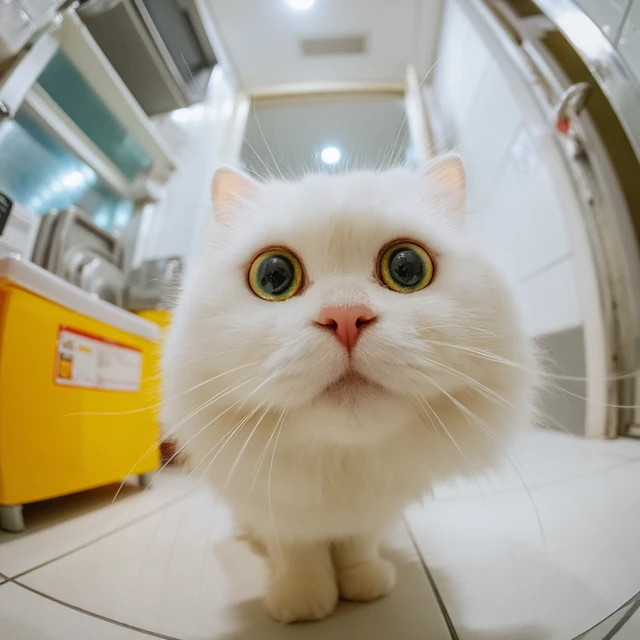 Cute Napoleon Cat Delivery Fish Eye View