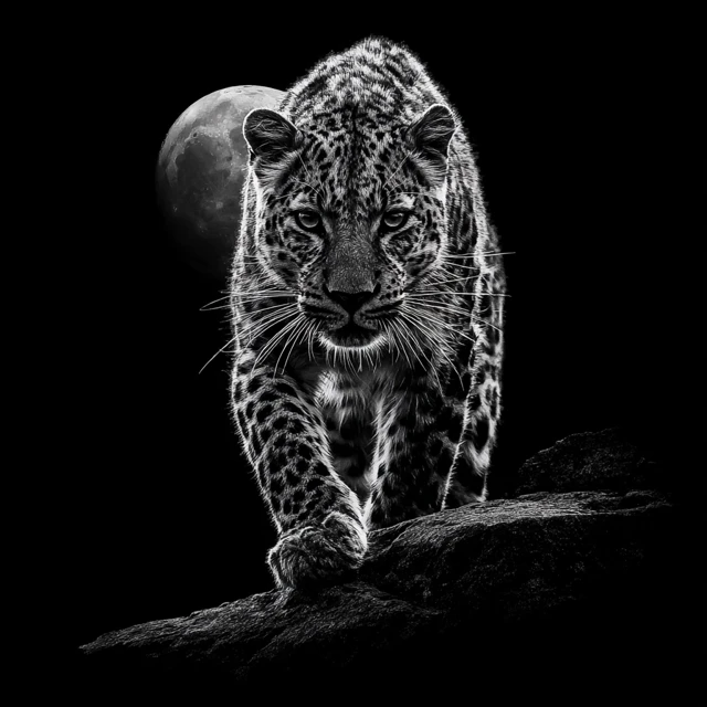 Leopard Leaping Silhouette Moon Black and White