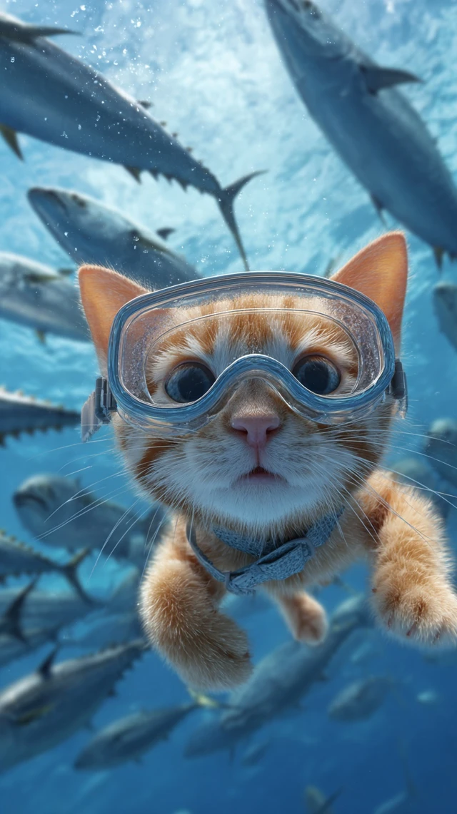 Adorable Kitten Snorkeling Underwater