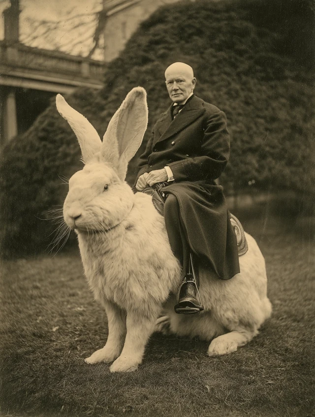 Vintage Photo: Man Riding Giant Rabbit