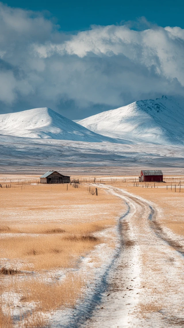 Snowy Field with Ranches and Mountains