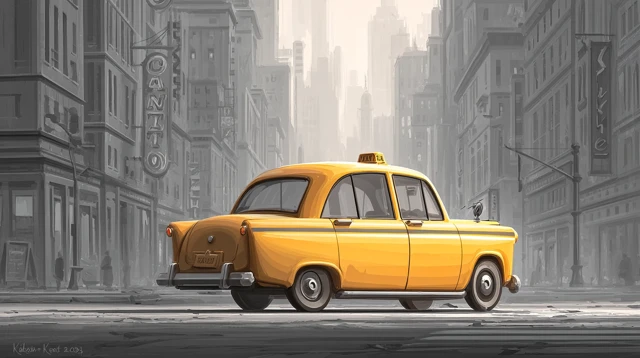 Vintage Taxi in Cinematic Cityscape Illustration