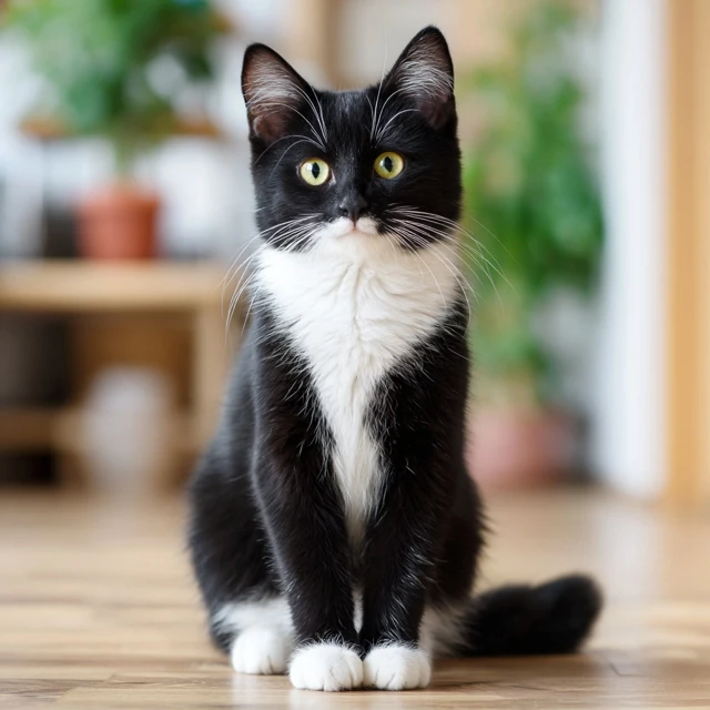 Tuxedo Cat Sitting Upright Adorable Black and White Cat