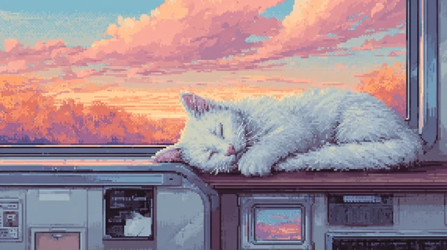Sleeping Cat Pixel Art Train Autumn Colors