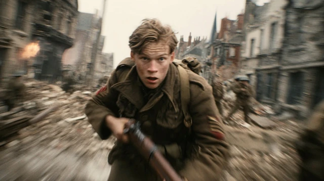 WWII Soldier Runs Through War Torn Street