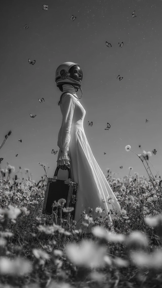 Astronaut in Field of Flowers Surreal Black and White Photo