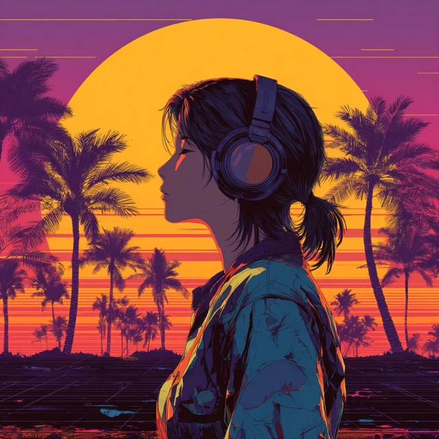 Retrowave Anime Woman with Headphones Palm Tree Sunset