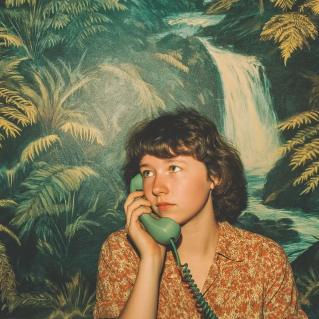 Woman on Phone 1980s Ferns Afternoon Sun