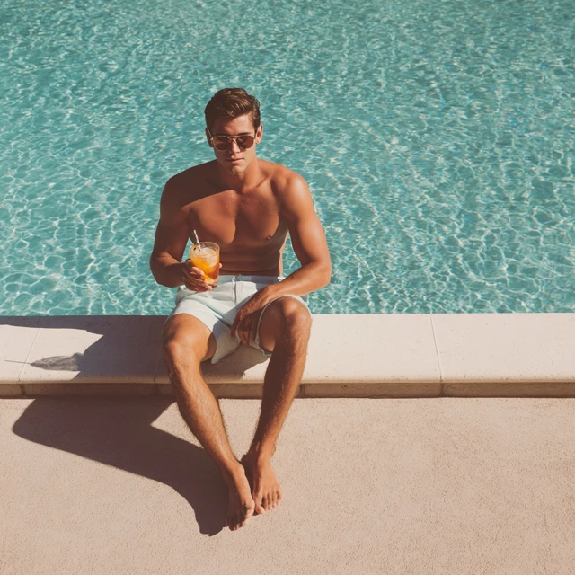 Man by Pool with Drink Relaxing Vacation
