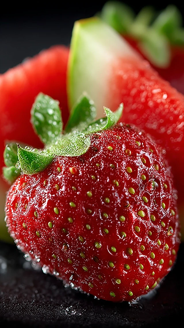 Fresh Strawberries and Melon on Black Background