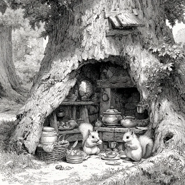 Squirrels Home in a Tree Hollow Whimsical Illustration