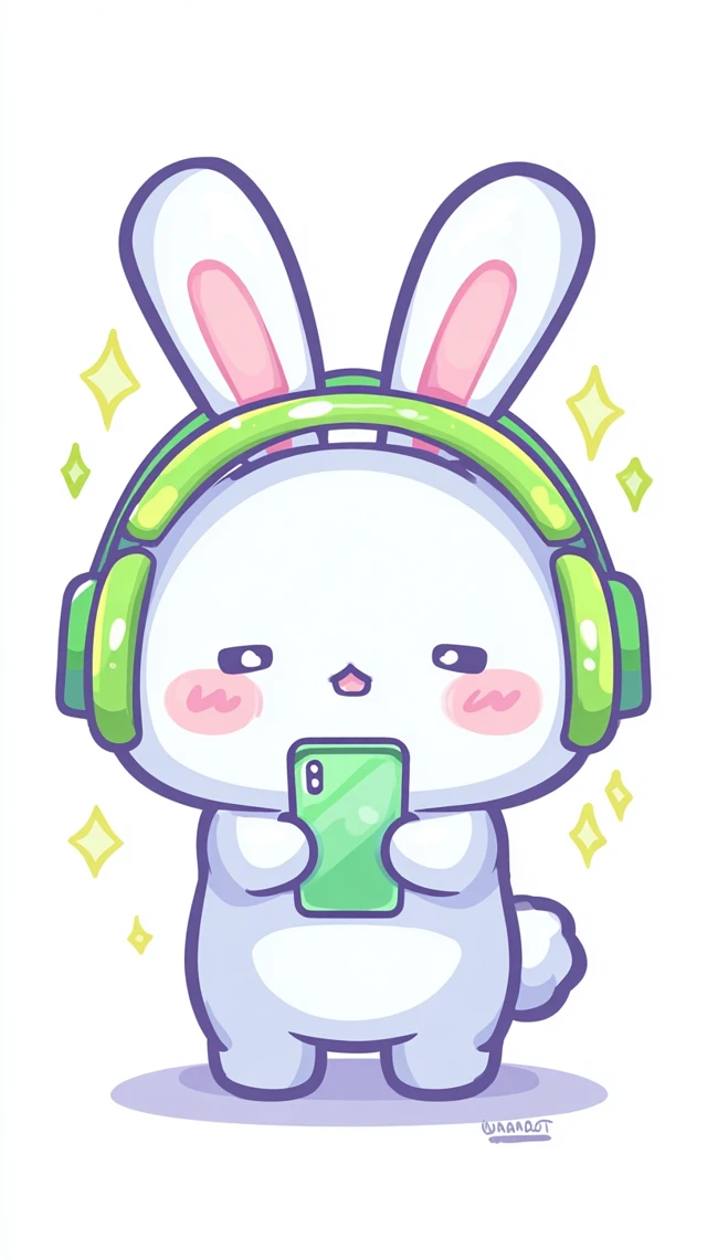 Cute Bunny Mascot with Headphones and Smartphone