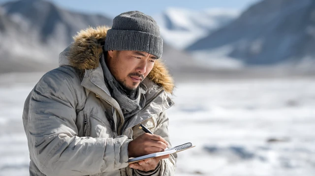 Dr. Simon Li in Icy Wilderness: Cinematic Photograph