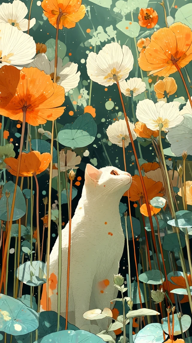 Cat in Flower Field Anime Style