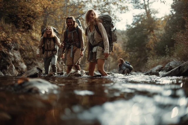 Teens Hiking Creek Autumn Adventure Film
