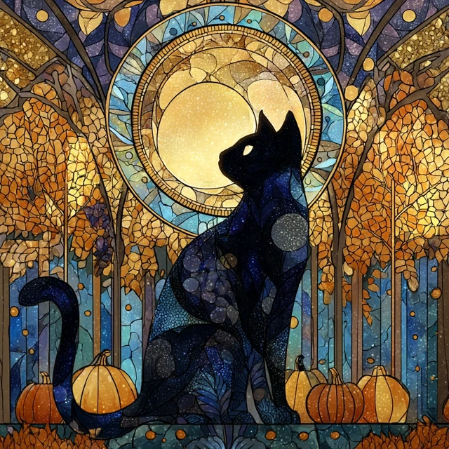 Black Cat Moonlight Stained Glass Halloween
