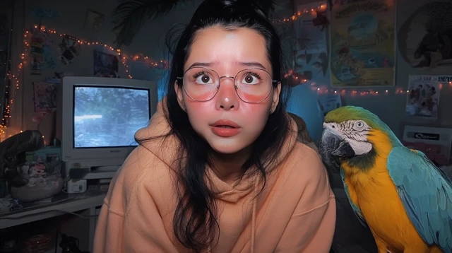 Girl with Parrot in Chaotic Room