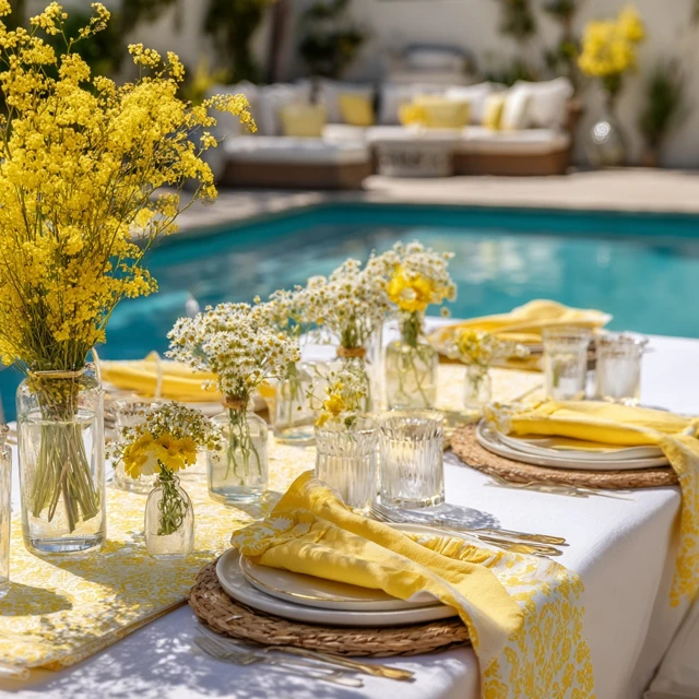Backyard Poolside Table Setting with Flowers