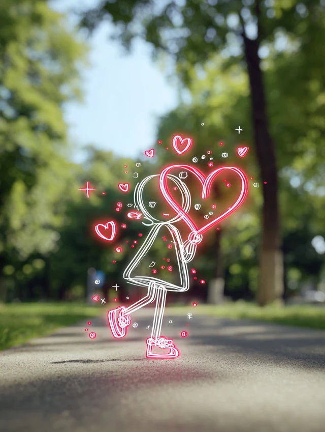 Neon Girl in Summer Park Glowing Heart Art
